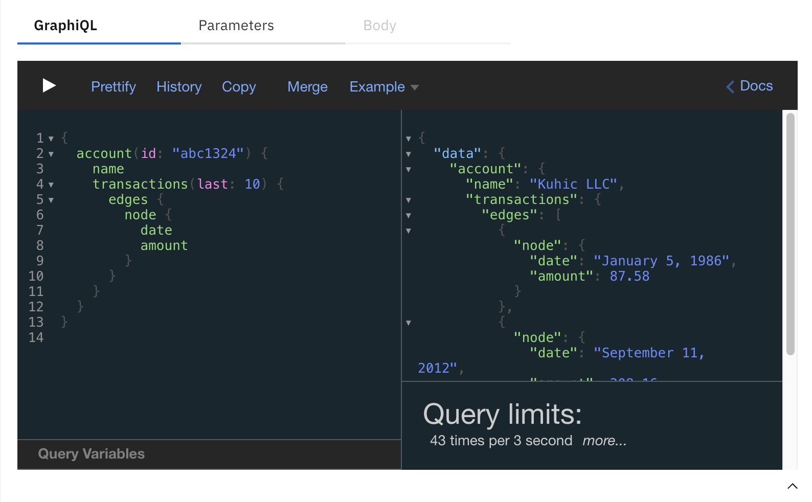 GraphiQL with medium GraphQL query limited to 43 transactions per 3 seconds