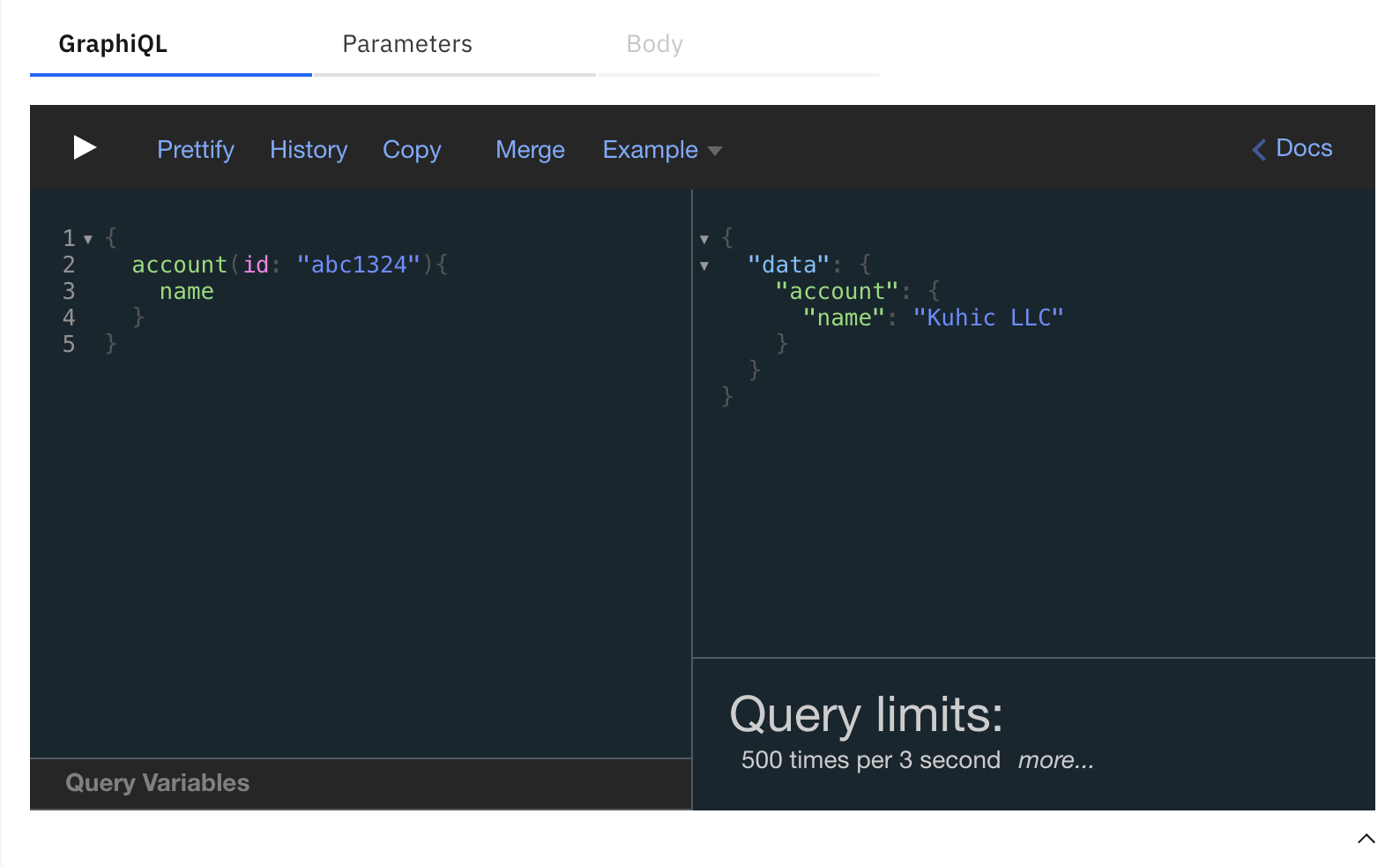 GraphiQL with small GraphQL query limited to 500 transactions per 3 seconds